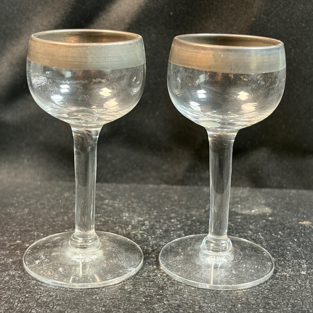 Vintage Silver Rim Glass Cordial Glasses Set of 2 Mid Century Stemmed Barware